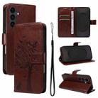 For Samsung Galaxy S25 FE 5G Tree & Cat Embossed Pattern Flip Leather Phone Case(Coffee) - 1