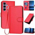 For Samsung Galaxy S25 5G YX0070 Carbon Fiber Buckle Leather Phone Case with Lanyard(Red) - 1