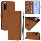 For Sony Xperia 5 IV Skin Feel Solid Color Leather Phone Case with Lanyard(Brown) - 1