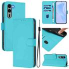 For Fujitsu Arrows We2 Plus / F-51E-51E Skin Feel Solid Color Leather Phone Case with Lanyard(Lake Blue) - 1