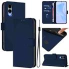 For Fujitsu Arrows We2 / F-52E Skin Feel Solid Color Leather Phone Case with Lanyard(Navy Blue) - 1