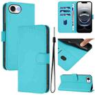 For iPhone 16e Skin Feel Solid Color Leather Phone Case with Lanyard(Lake Blue) - 1