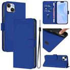 For iPhone 15 Plus Skin Feel Solid Color Leather Phone Case with Lanyard(Dark Blue) - 1