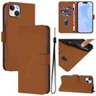 For iPhone 14 Plus Skin Feel Solid Color Leather Phone Case with Lanyard(Brown) - 1