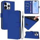 For iPhone 14 Pro Skin Feel Solid Color Leather Phone Case with Lanyard(Dark Blue) - 1