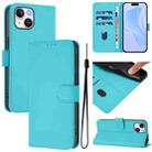 For iPhone 12 mini Skin Feel Solid Color Leather Phone Case with Lanyard(Lake Blue) - 1