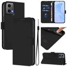 For Motorola Moto G34 5G / G45 5G Skin Feel Solid Color Leather Phone Case with Lanyard(Black) - 1