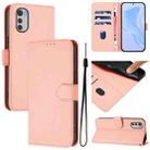 For Motorola Moto E32 4G Global Skin Feel Solid Color Leather Phone Case with Lanyard(Pink) - 1