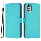 For Motorola Moto E32 4G Global Skin Feel Solid Color Leather Phone Case with Lanyard(Lake Blue) - 2