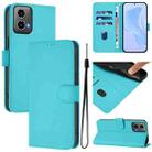 For Motorola Moto G34 Global Skin Feel Solid Color Leather Phone Case with Lanyard(Lake Blue) - 1