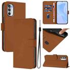 For Motorola Moto G52 4G / G82 5G Skin Feel Solid Color Leather Phone Case with Lanyard(Brown) - 1