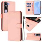 For vivo V40 Lite 5G IDN Skin Feel Solid Color Leather Phone Case with Lanyard(Pink) - 1