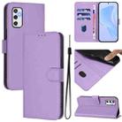 For Samsung Galaxy M52 5G Skin Feel Solid Color Leather Phone Case with Lanyard(Lavender Purple) - 1