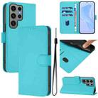 For Samsung Galaxy S23 Ultra 5G Skin Feel Solid Color Leather Phone Case with Lanyard(Lake Blue) - 1