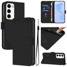 For Samsung Galaxy S23 5G Skin Feel Solid Color Leather Phone Case with Lanyard(Black) - 1