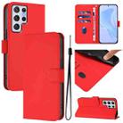 For Samsung Galaxy S22 Ultra 5G Skin Feel Solid Color Leather Phone Case with Lanyard(Red) - 1