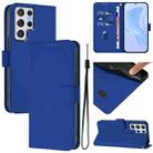 For Samsung Galaxy S22 Ultra 5G Skin Feel Solid Color Leather Phone Case with Lanyard(Dark Blue) - 1