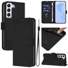 For Samsung Galaxy S22 5G Skin Feel Solid Color Leather Phone Case with Lanyard(Black) - 1
