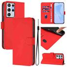 For Samsung Galaxy S21 Ultra 5G Skin Feel Solid Color Leather Phone Case with Lanyard(Red) - 1