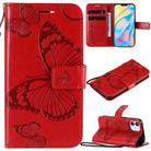 For iPhone 12 mini 3D Butterfly Embossed Pattern Horizontal Flip Leather Case with Holder & Card Slot & Wallet & Lanyard(Red) - 1