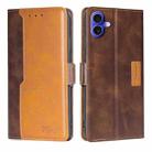 For iPhone 16 Contrast Color Side Buckle Leather Phone Case(Dark Brown + Gold) - 1