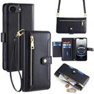 For iPhone 16e Sheep Texture Cross-body Zipper Wallet Leather Phone Case(Black) - 1