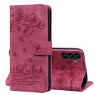For Samsung Galaxy S24+ 5G Cartoon Sakura Cat Embossed Leather Phone Case(Wine Red) - 1