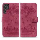 For Samsung Galaxy S23 Ultra 5G Cartoon Sakura Cat Embossed Leather Phone Case(Wine Red) - 2