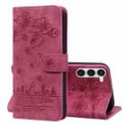 For Samsung Galaxy S23+ 5G Cartoon Sakura Cat Embossed Leather Phone Case(Wine Red) - 1