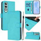 For OPPO K12x 5G Global Skin Feel Solid Color Leather Phone Case with Lanyard(Lake Blue) - 1