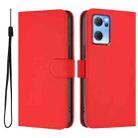 For OPPO Reno7 5G Global Skin Feel Solid Color Leather Phone Case with Lanyard(Red) - 2