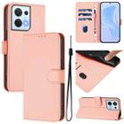 For OPPO Reno8 5G Skin Feel Solid Color Leather Phone Case with Lanyard(Pink) - 1