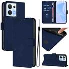 For OPPO Reno8 5G Skin Feel Solid Color Leather Phone Case with Lanyard(Navy Blue) - 1