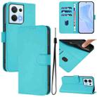 For OPPO Reno8 5G Skin Feel Solid Color Leather Phone Case with Lanyard(Lake Blue) - 1