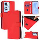 For OPPO Reno11 F 5G Global Skin Feel Solid Color Leather Phone Case with Lanyard(Red) - 1