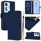 For OPPO Reno11 F 5G Global Skin Feel Solid Color Leather Phone Case with Lanyard(Navy Blue) - 1