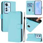 For OPPO Reno11 F 5G Global Skin Feel Solid Color Leather Phone Case with Lanyard(Sky Blue) - 1