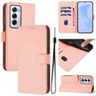 For OPPO Reno12 5G Global Skin Feel Solid Color Leather Phone Case with Lanyard(Pink) - 1