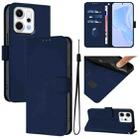 For OPPO Reno14 5G Global Skin Feel Solid Color Leather Phone Case with Lanyard(Navy Blue) - 1