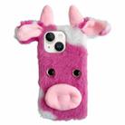 For iPhone 15 Plus Cute Plush Cow TPU Phone Case(Rose Red) - 1