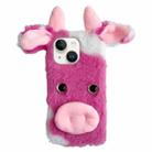 For iPhone 15 Cute Plush Cow TPU Phone Case(Rose Red) - 1