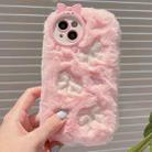 For iPhone 15 Plus Plush Embroidery Full Coverage Phone Case(Pink + White Bow) - 1