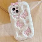 For iPhone 15 Plush Embroidery Full Coverage Phone Case(White + Pink Bow) - 1