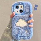 For iPhone 14 Plus Plush Embroidery Full Coverage Phone Case(Blue + White Cloud) - 1