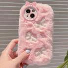 For iPhone 14 Plus Plush Embroidery Full Coverage Phone Case(Pink + White Bow) - 1