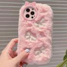 For iPhone 12 Pro Max Plush Embroidery Full Coverage Phone Case(Pink + White Bow) - 1