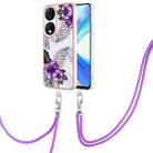 For Honor X7b 4G / 5G Electroplating Pattern IMD TPU Shockproof Case with Neck Lanyard(Purple Flower) - 1