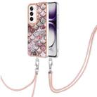 For OPPO Reno12 Global Electroplating Pattern IMD TPU Shockproof Case with Neck Lanyard(Pink Scales) - 1