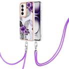 For OPPO Reno12 Global Electroplating Pattern IMD TPU Shockproof Case with Neck Lanyard(Purple Flower) - 1