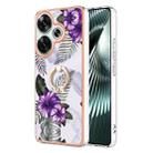 For Xiaomi Poco F6 5G Electroplating Pattern IMD TPU Shockproof Case with Rhinestone Ring Holder(Purple Flower) - 1